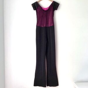 Figure Skating Costume Dance Outfit Jumpsuit Womens Size S Black Mesh Pink Tank